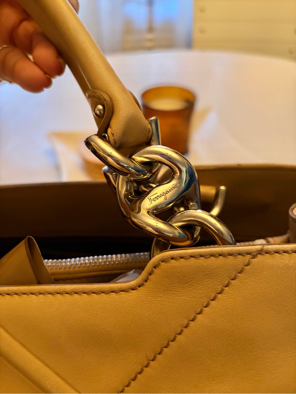 Salvatore Ferragamo Lambskin Tote Handbag in Beige - Picture 6 of 16